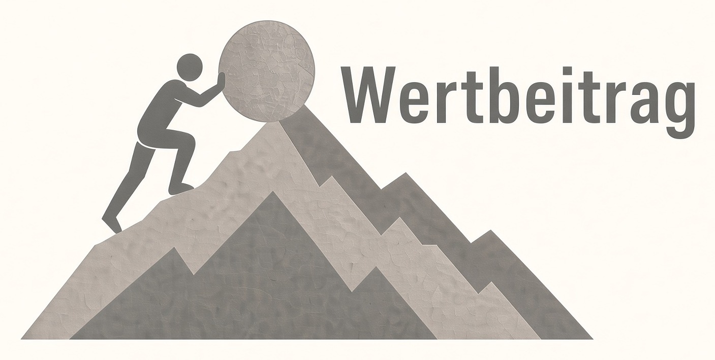 Wertbeitrag: eine Figur schiebt einen Stein auf einen Berg